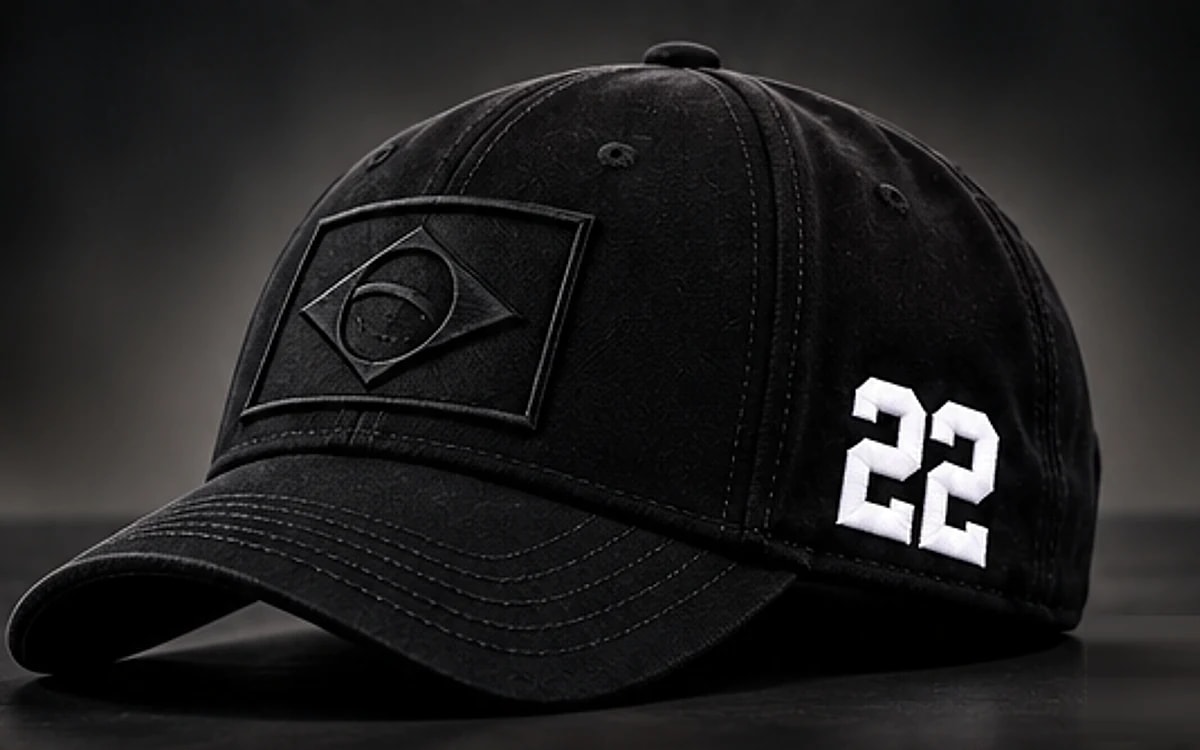 Boné 22 preto com a bandeira do Brasil bordada em preto e o número 22 branco na lateral